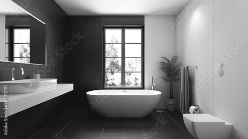 3d rendering of a modern bathroom with black tiles and white bathtub