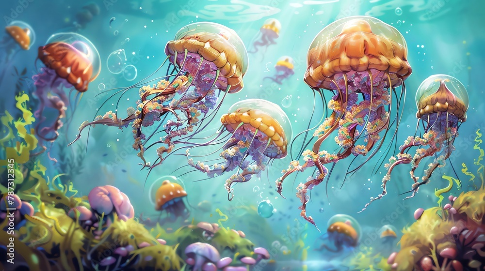 Naklejka premium A school of jellyfish floating gracefully in a crystal clear ocean, created by a unique illustrator