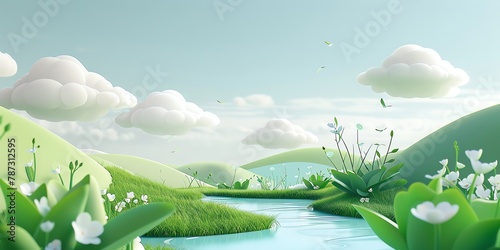 3d wallpaper, cute, Minimalist spring stream grass simple, grass, cute landscape, aspect ratio 2:1