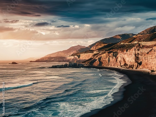 A breathtaking coastal landscape during what appears to be either sunrise or sunset