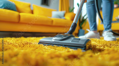 Cleaning a house, apartment, removing dust and dirt. A modern vacuum cleaner moves over a soft carpet in a home environment, close-up. photo