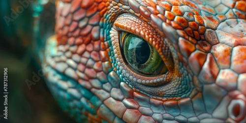 Mesmerizing close-up of a multicolored chameleon eye showcasing its vivid colors and textures