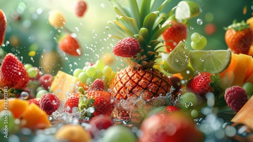 Sunlit tropical fruits with a splash of water, creating a fresh and enticing composition photo