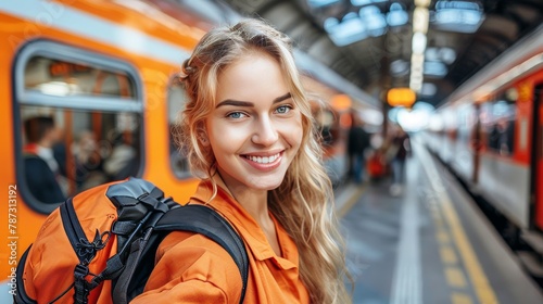 Woman patiently standing on the station platform, awaiting the arrival of the next train photo