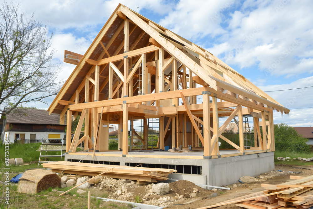 Construction of wooden frame house, assembly of frame house, warm and ecological modern house Construction of wooden frame house, assembly of frame house, warm and ecological modern house