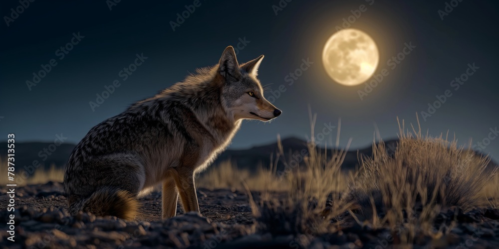 A majestic coyote stands vigilantly in the desert under a glowing full moon, illuminating the night A majestic coyote stands vigilantly in the desert under a glowing full moon, illuminating the night