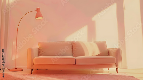 Peach lamp above beige couch and pink rug against plastic tubes in simple living room interior with copy space on white wall   Generative AI