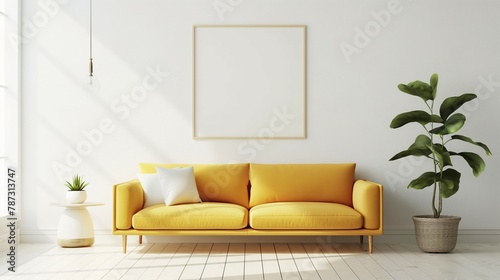 Pastel yellow sofa, frame mockup, white blank wall dome modern interior background