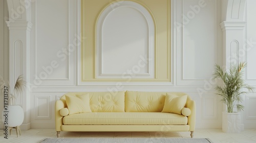 Pastel yellow sofa, white bin wall domed modern interior background for frame mockup © woojooo