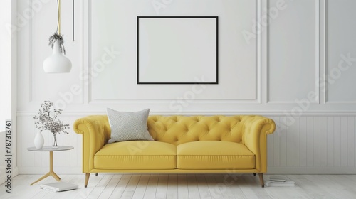 Pastel yellow sofa  frame mockup  white blank wall dome modern interior background