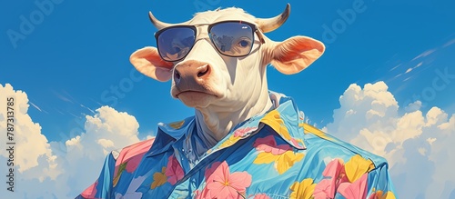A cow dressed in colorful and wearing sunglasses against blue background © Photo And Art Panda