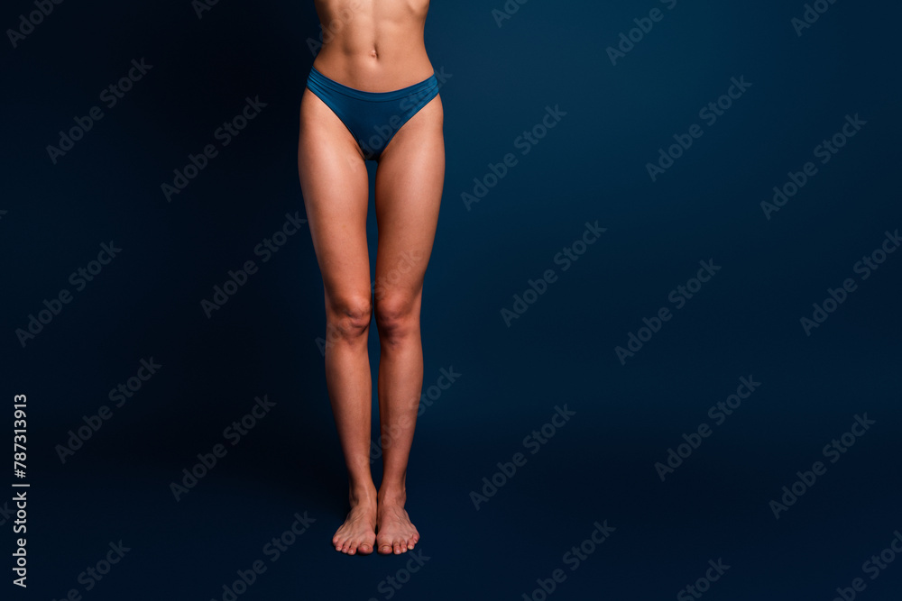 No retouch cropped photo of lady legs underwear lingerie accepting acne skin empty space isolated blue color background - obrazy, fototapety, plakaty 