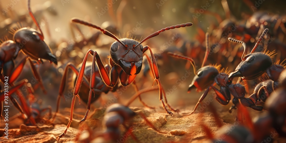 Macro shot showcasing a detailed view of marching ants in their natural habitat, symbolizing teamwork and perseverance Macro shot showcasing a detailed view of marching ants in their natural habitat, symbolizing teamwork and perseverance