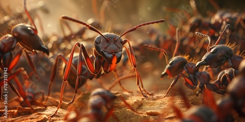 Macro shot showcasing a detailed view of marching ants in their natural habitat, symbolizing teamwork and perseverance