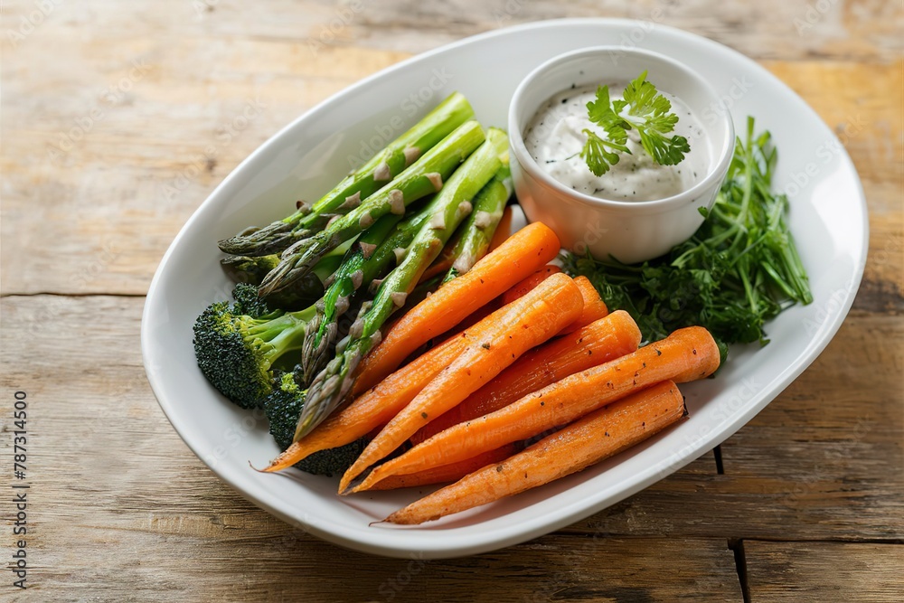 Roasted carrots, asparagus and broccoli with a dip Roasted carrots, asparagus and broccoli with a dip