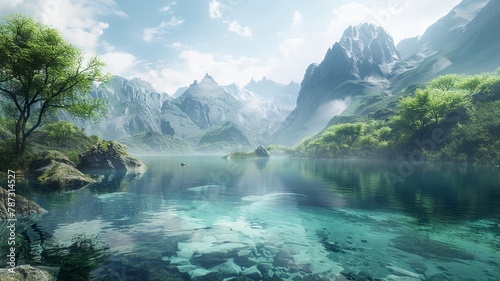 A breath taking landscape of towering mountains  crystal-clear lake in the foreground  lush greenery