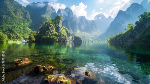 A breath taking landscape of towering mountains, crystal-clear lake in the foreground, lush greenery