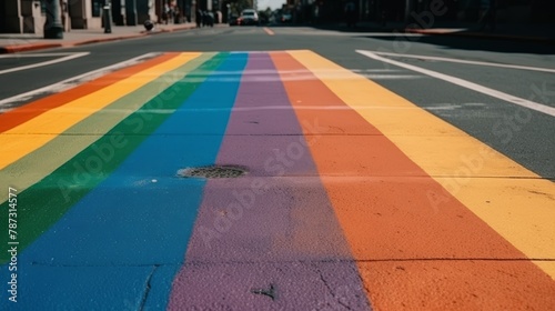 Colorful rainbow painted crosswalk on a city street, symbolizing LGBTQ+ pride and diversity.
