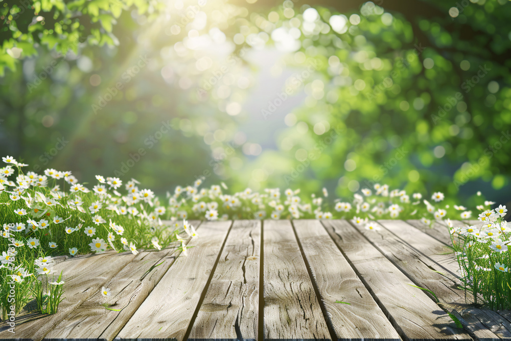 Wooden table on lush green grass with flowers, set against a wooden background, capturing the essence of summer and nature in a serene garden scene Wooden table on lush green grass with flowers, set against a wooden background, capturing the essence of summer and nature in a serene garden scene