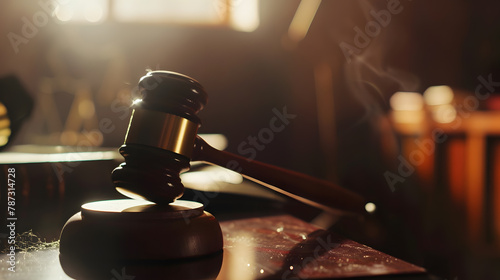judgment hammer Legal office Attorney at law Law and justice Wooden judge gavel closeup view lawyers desk : Generative AI photo