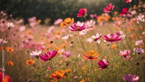 Field of sunshine Cosmos flowers in yellow, pink, and orange Pink flower field with pink flowers wallpaper colorful zinnia flowers © Joesunt
