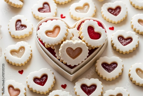 Vanilla linzer cookies with strawberry jelly filling for Valentines Day