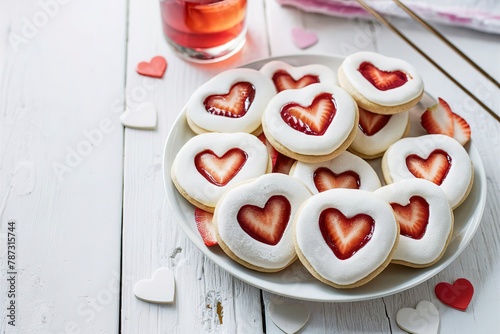 Vanilla linzer cookies with strawberry jelly filling for Valentines Day