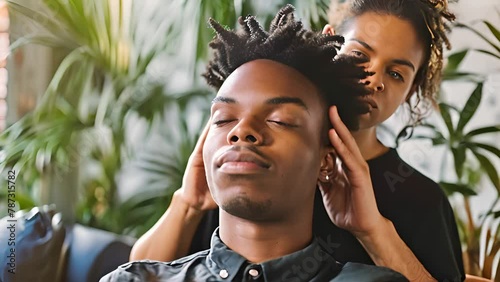 Relaxing head massage given by a skilled stylist in a contemporary salon setting photo