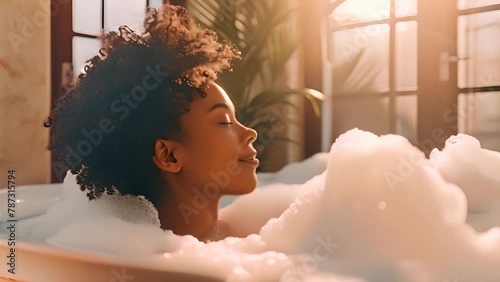 Charming woman relaxes in a bathtub filled with foam, completely covered in bubbles photo