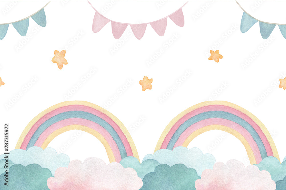 Watercolor seamless border or frame with illustration of cute cartoon rainbow, flags and clouds. For decorating children's room, wallpapers, cards and invitations