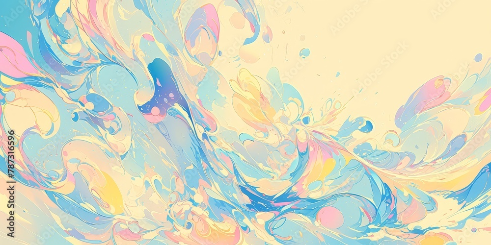 A closeup of an abstract painting with swirling brush strokes in pastel colors