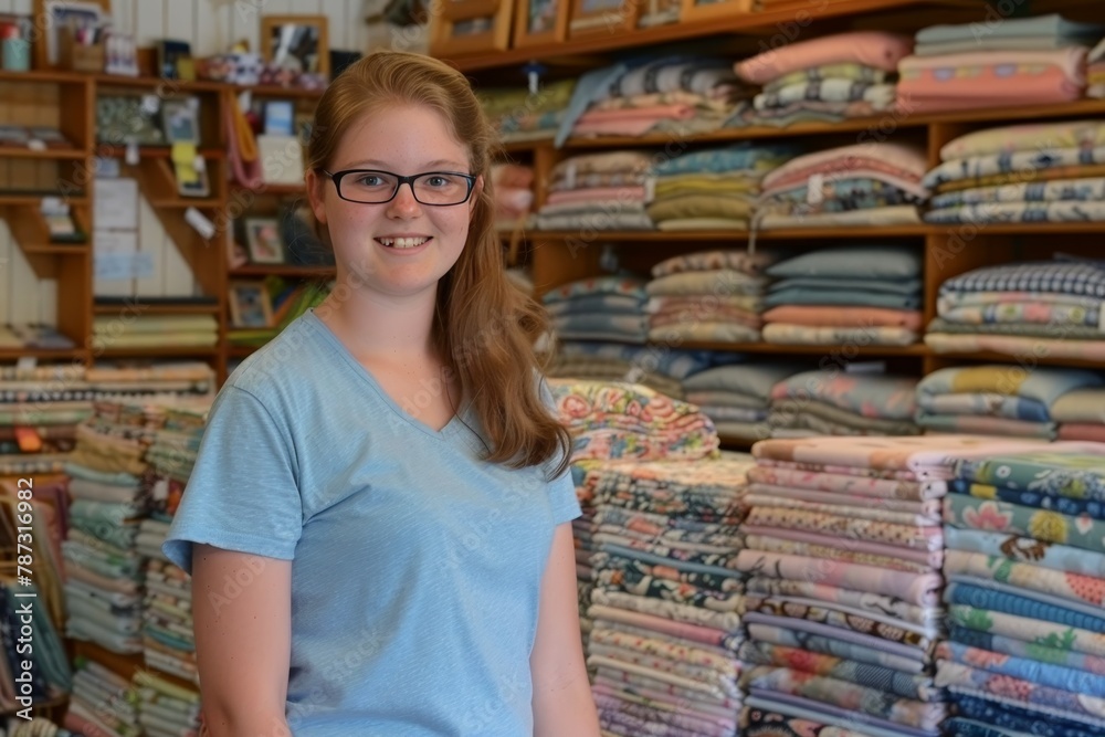 Happy young woman with down syndrome working at a fabric store, showing joy and smiling