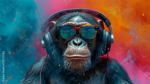 portrait of a party monkey ape with headphones on a colored background, generative Ai © Zoya