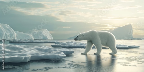 A lone polar bear navigates the vast icy landscapes of the Arctic  depicting survival and climate issues