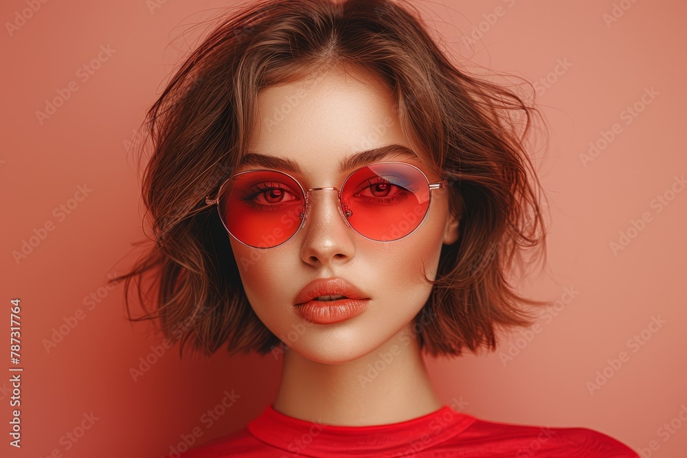 A stunning close-up portrait of a young woman wearing bold red sunglasses. A stunning close-up portrait of a young woman wearing bold red sunglasses.