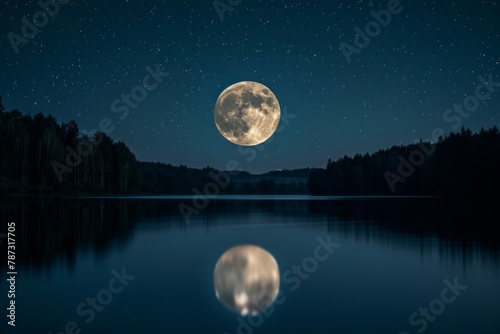 The full moon reflects in the lakes water under the night sky