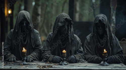 Three dark figures in tattered robes sit at a wooden table in the woods, each holding a candle.
