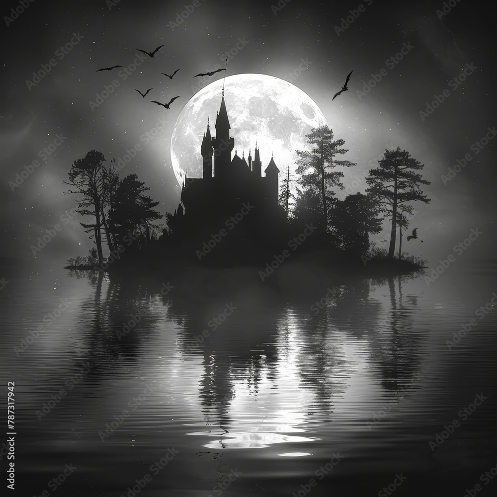 A dark castle on a lake with a full moon in the background