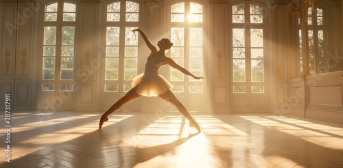 A ballet dancer performing a pose in a sunlit, ornate dance hall with large windows and vintage charm © gunzexx