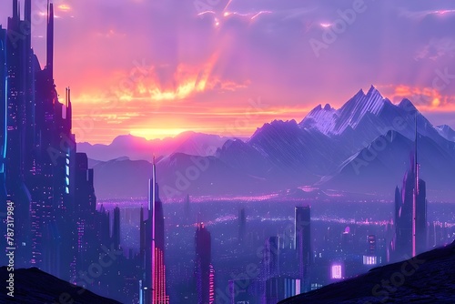 landscape of a mountain range with a digital overlay that adds futuristic cityscapes