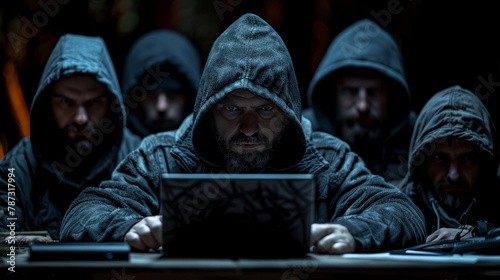A group of people wearing black hoodies are sitting around a table in a dark room. They are all looking at a laptop on the table.