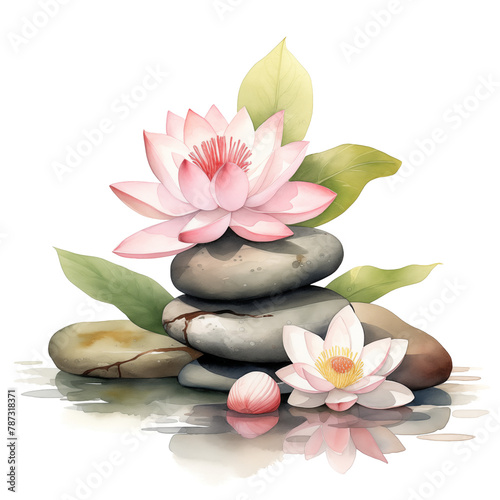 Serene watercolor clipart of Zen stones and lotus flowers  isolated on png transparent background