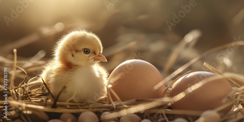 A tender moment as a newborn chick stands curiously among unhatched eggs in a warm, sunlit straw nest photo