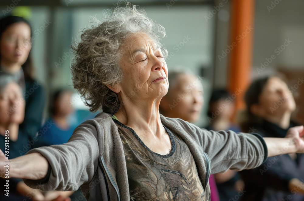 elderly woman with grey hair is practicing yoga with her eyes closed and arms extended, surrounded by others in a class setting elderly woman with grey hair is practicing yoga with her eyes closed and arms extended, surrounded by others in a class setting