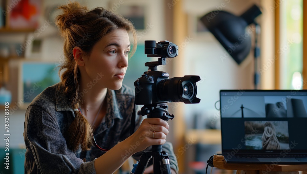 Naklejka premium Woman Recording Video Content with Camera in Hand
