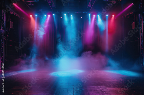 Empty stage with colorful spotlights. Scene lighting effects