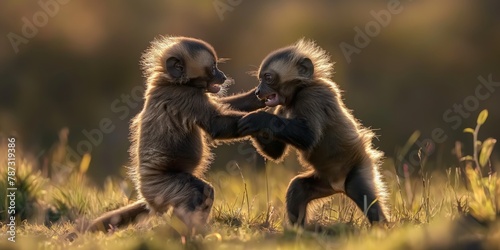 A pair of baboons are playfully fighting in their natural habitat during golden hour creating a sense of community