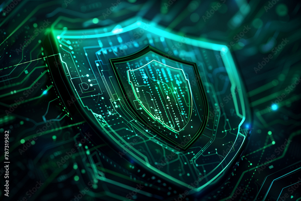 shield emblem adorned with intricate data patterns on a deep blue and green background, evoking the idea of safeguarding digital assets and information in technology security conce - obrazy, fototapety, plakaty 