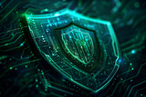 shield emblem adorned with intricate data patterns on a deep blue and green background, evoking the idea of safeguarding digital assets and information in technology security conce