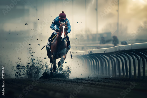 Horse races, jockey and his horse goes towards finish line. Traditional European sport. 